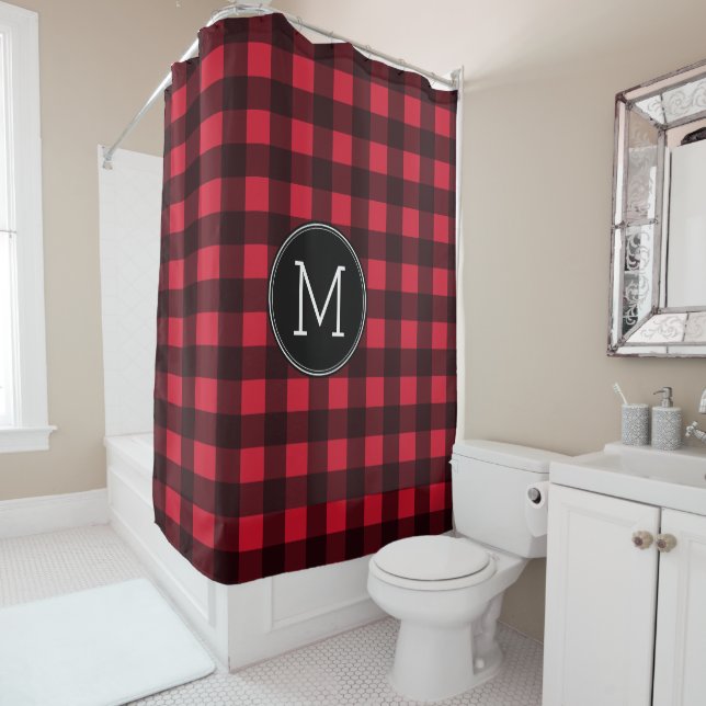 Rustic Red & Black Buffalo Plaid Pattern Monogram Shower Curtain (In Situ)