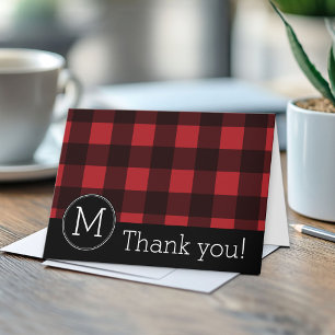 Rustic Red Black Buffalo Plaid Pattern Monogram Thank You Card