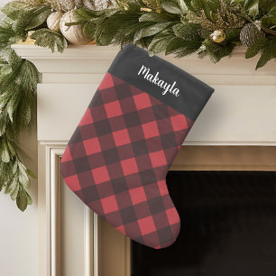 Rustic Red & Black Buffalo Plaid Pattern Script Small Christmas Stocking