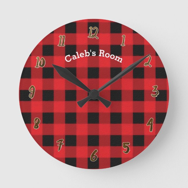 Rustic Red Black Buffalo Plaid Personalised Name Round Clock (Front)