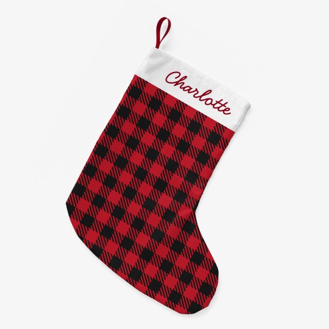 Rustic Red Black Buffalo Plaid Personalised Name Small Christmas Stocking (Front (Hanging))