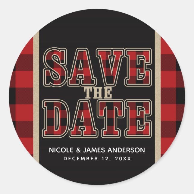 Rustic Red Black Buffalo Plaid Save the Date Classic Round Sticker (Front)