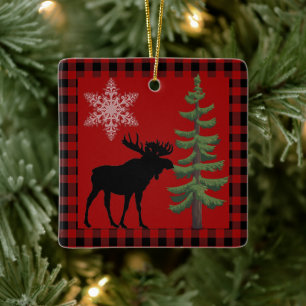 Rustic Red Black Buffalo Plaid with Moose Ornament