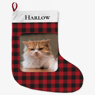 Rustic Red Black Check Plaid Pet Photo Cat Large Christmas Stocking