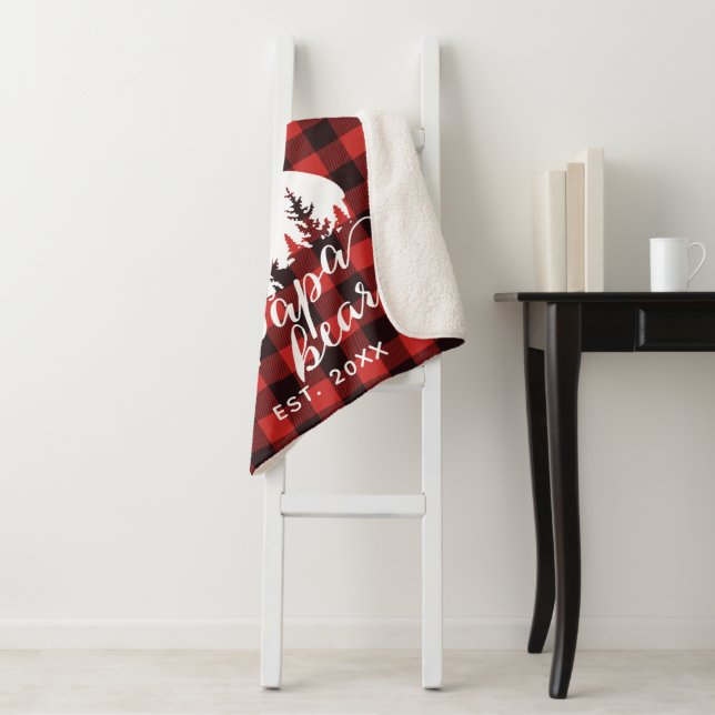 Rustic Red & Black Papa Bear Flannel Personalized Sherpa Blanket (In Situ)