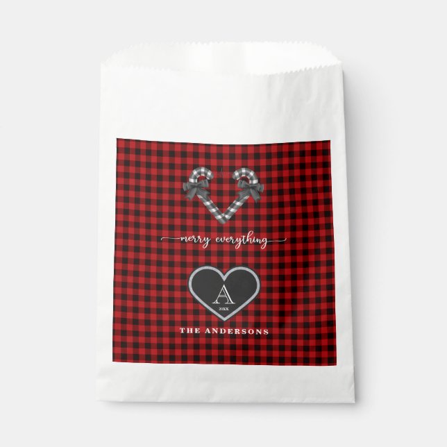 Rustic Red Black Plaid Christmas Heart Monogram Favour Bags (Front)