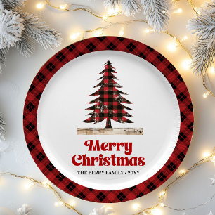 Rustic Red Black Plaid Christmas Party Paper Plate