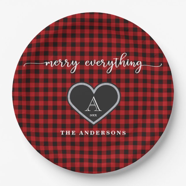 Rustic Red Black Plaid Christmas Quote Monogram Paper Plate (Front)