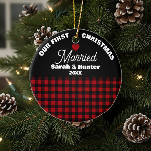 Rustic Red & Black Plaid Our 1st Christmas Married Ceramic Tree Decoration