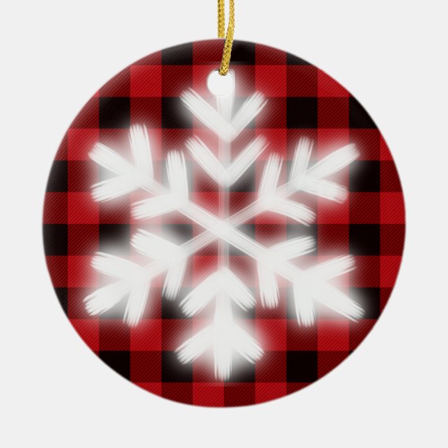 Rustic red black plaid pattern frosty snow flakes  ceramic tree decoration (Front)