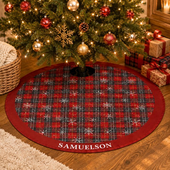 Rustic Red Black Plaid Snowflake Personalised Brushed Polyester Tree Skirt (Creator Uploaded)