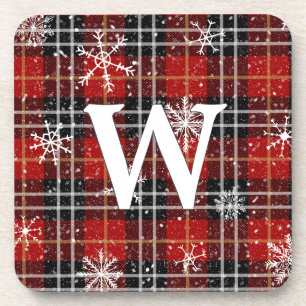 Rustic Red Black Plaid Tartan Snowflake Monogram Coaster