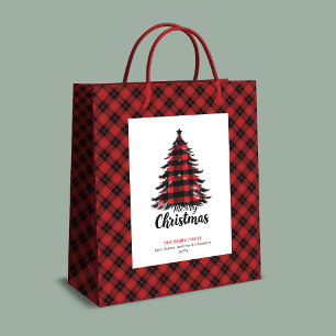 Rustic red black tartan Christmas gift bag custom