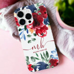 Rustic red blue elegant floral watercolor monogram iPhone 13 pro max case<br><div class="desc">Rustic red blue elegant floral watercolor monogram case with pretty painted red peonies,  navy blue flowers,  greenery leaves and bouquet.</div>