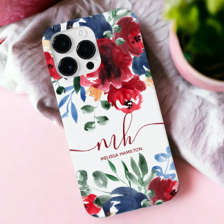 Rustic red blue elegant floral watercolor monogram iPhone 13 pro max case