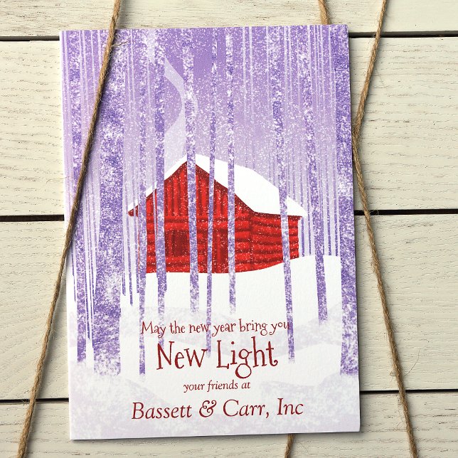 Rustic Red Blue Logo Company Holiday Card (Red Logo Company Christmas Holiday Greeting Card, Rustic Red Log Cabin, Blue Wintery Forest)