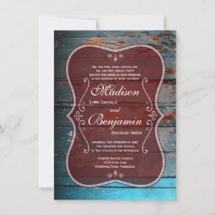 Rustic Red Blue Wood Country Wedding Invitations