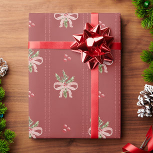 Rustic Red Botanical Bows Christmas Wrapping Paper