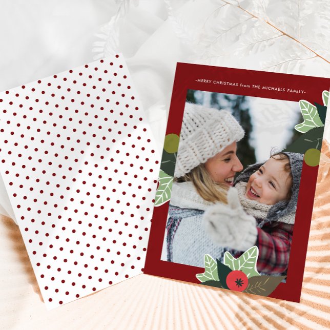 Rustic Red Botanical Frame Photo Christmas Holiday Card (Creator Uploaded)