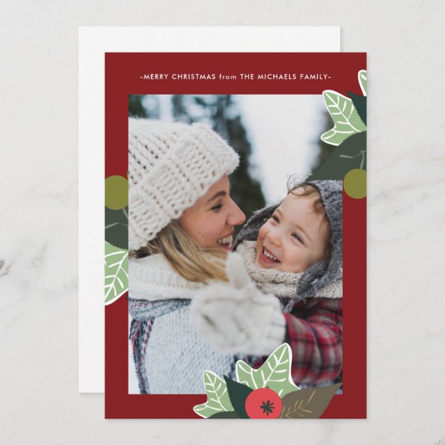 Rustic Red Botanical Frame Photo Christmas Holiday Card (Front/Back)
