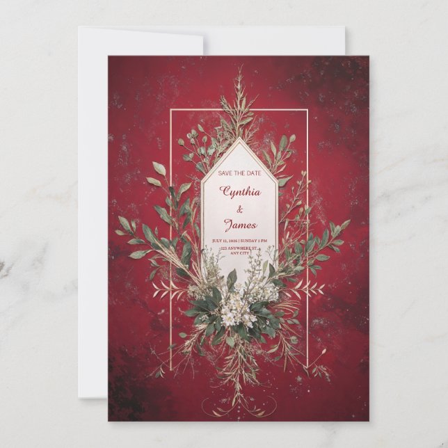 Rustic Red Botanical Wedding Invitation (Front)