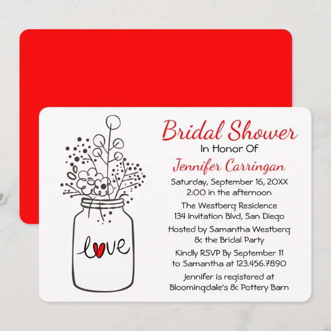 Rustic Red Bridal Shower Mason Jar Flowers Invitation (Front/Back)