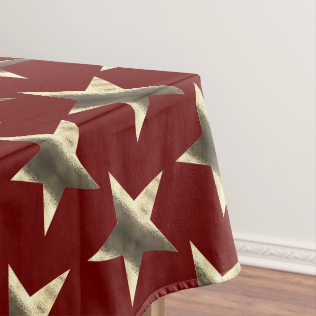 Rustic Red Brown Stars Pattern Festive Christmas Tablecloth (In Situ)