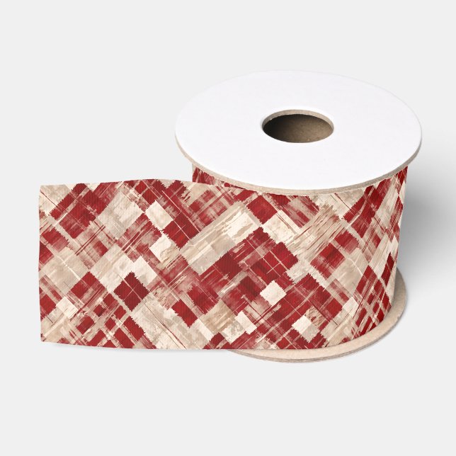 Rustic Red Brushstroke Plaid Tartan Grosgrain Ribbon (Spool)