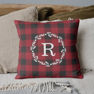 Rustic Red Buffalo Check Christmas Wreath Initial Cushion