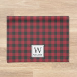 Rustic Red Buffalo Check Monogram Christmas Tea Towel<br><div class="desc">Custom-designed monogram kitchen hand towel for the holiday season featuring modern farmhouse style black and red buffalo check design with personalised initial and family name.</div>