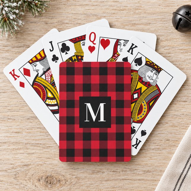 Rustic Red Buffalo Check Monogram Photo Playing Cards (Creator Uploaded)