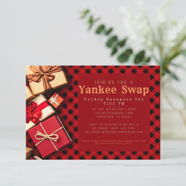 Rustic Red Buffalo Check Yankee Swap Holiday Party Invitation (Standing Front)