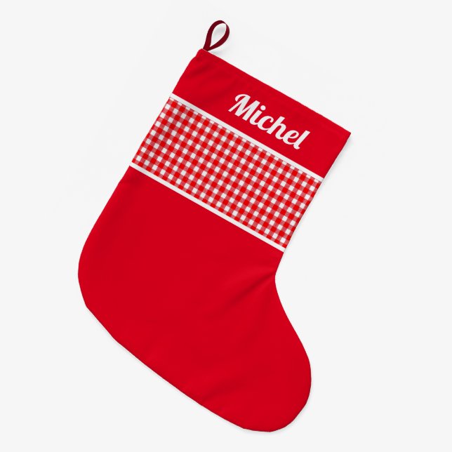 Rustic Red Buffalo checked custom name Large Christmas Stocking (Front (Hanging))