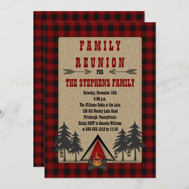 Rustic Red Buffalo Checks Camping Family Reunion Invitation (Front/Back)