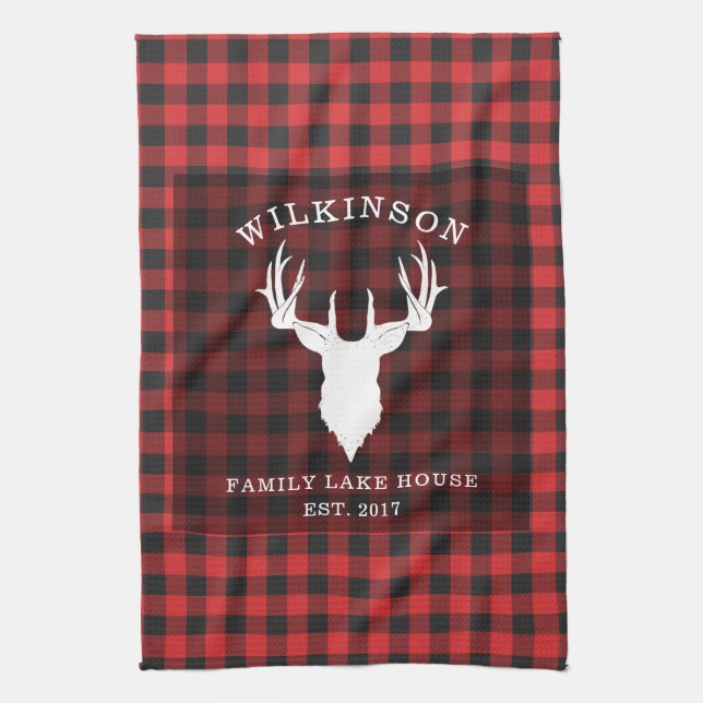 Rustic Red Buffalo Family Plaid Lake Tea Towel (Vertical)