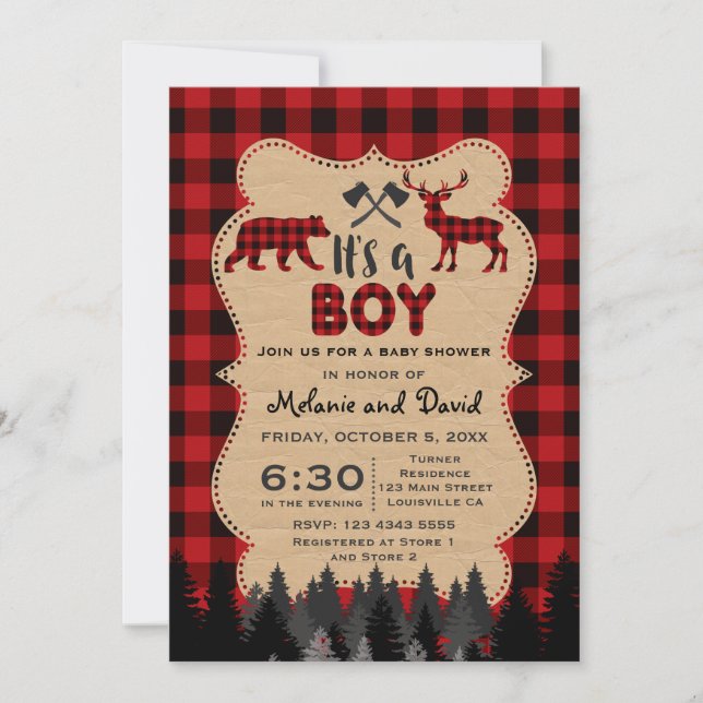 Rustic Red Buffalo Lumberjack Boy Baby Shower Invitation (Front)