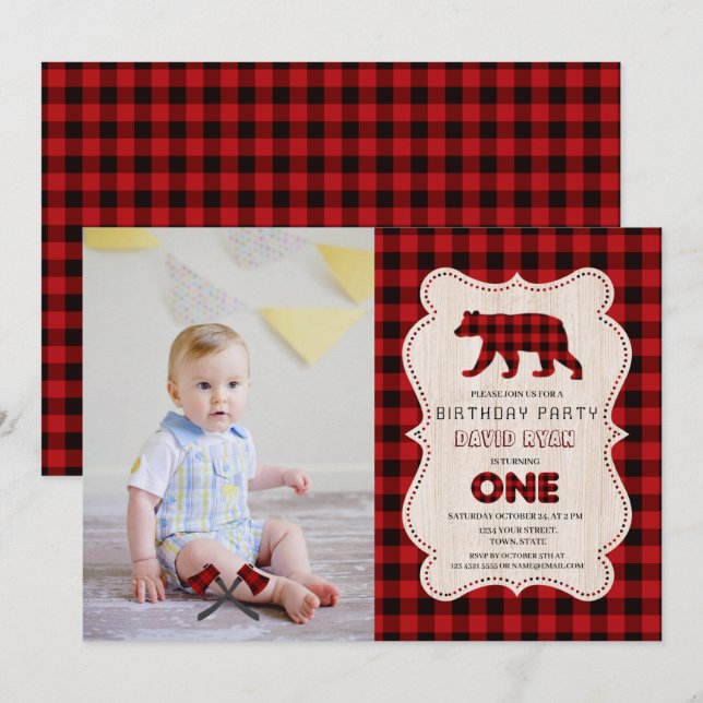 Rustic Red Buffalo Lumberjack Photo 1ST Birthday Invitation (Front/Back)