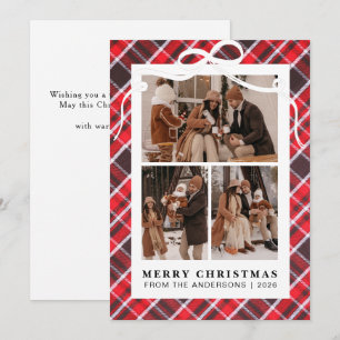 Rustic Red Buffalo Plaid 3 Photo Collage Christmas Holiday Card