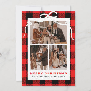 Rustic Red Buffalo Plaid 3 Photo Collage Christmas Holiday Card