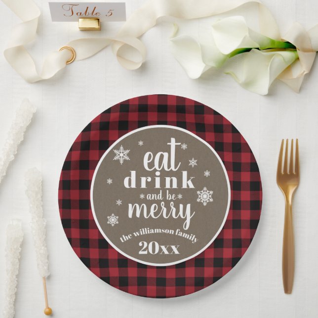 Rustic Red Buffalo Plaid Christmas Paper Plate (Wedding)