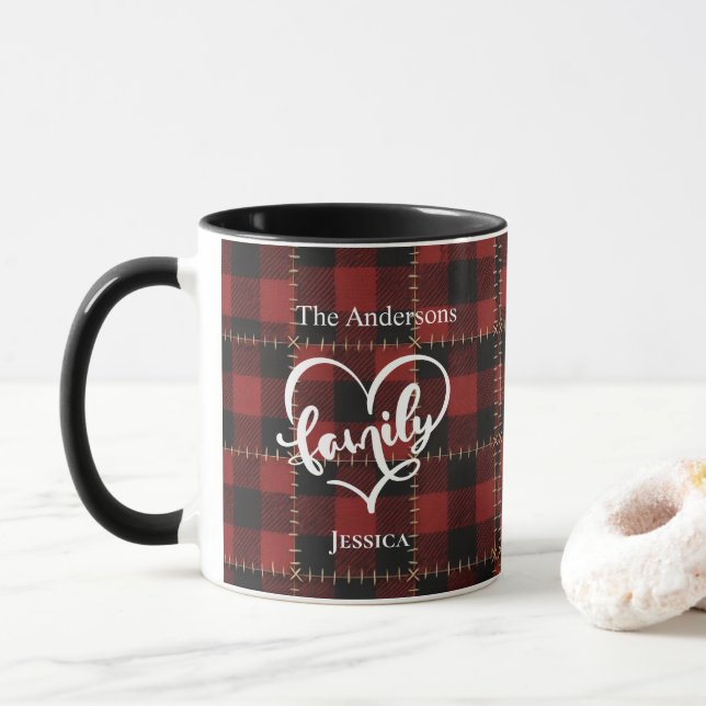 Rustic Red Buffalo Plaid Customisable Family Name  Mug (With Donut)