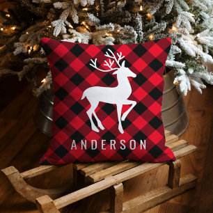 Rustic Red Buffalo Plaid Deer Christmas Monogram Cushion
