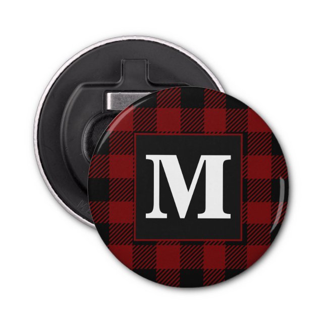 Rustic Red Buffalo Plaid Farmhouse Monogram Bottle Opener (Front)