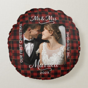 Rustic Red Buffalo Plaid First Christmas Married Round Cushion
