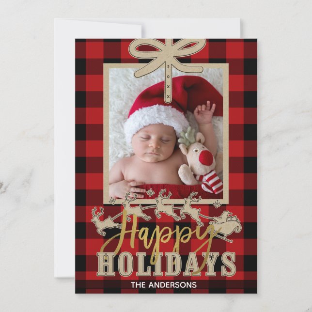 Rustic Red Buffalo Plaid Kraft Reindeer Photo (Front)