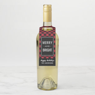 Rustic Red Buffalo Plaid Merry and Bright Bottle Tag