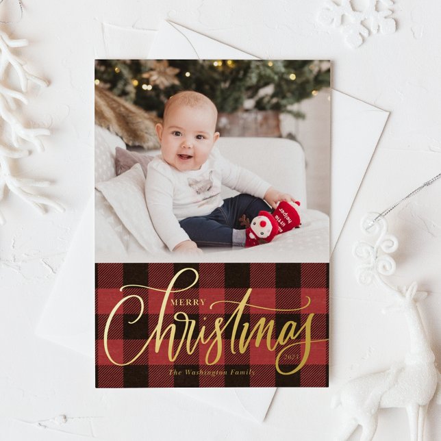 Rustic Red Buffalo Plaid Merry Christmas Photo (Rustic Red Buffalo Plaid Pattern Merry Christmas Photo Foil Holiday Card)
