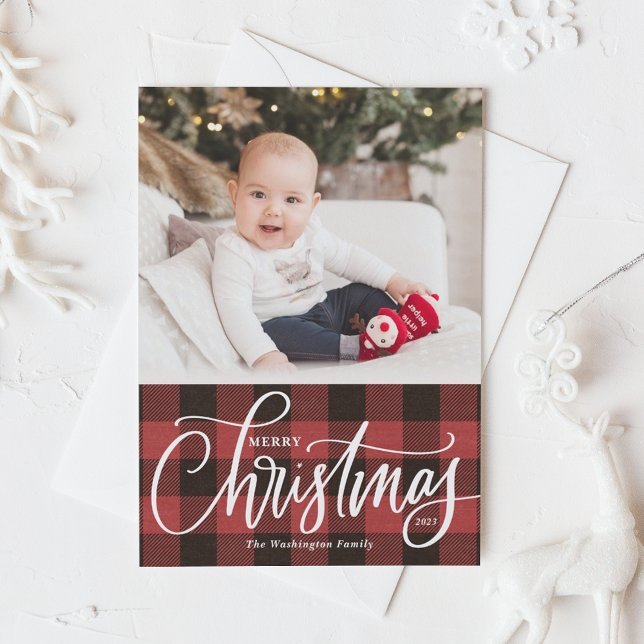 Rustic Red Buffalo Plaid Merry Christmas Photo Holiday Card (Creator Uploaded)