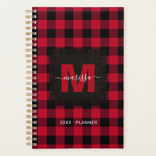 Rustic Red Buffalo Plaid Monogram Name 2025 Planner