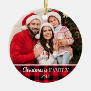 Rustic Red Buffalo Plaid Photo Christmas Family Ceramic Tree Decoration
